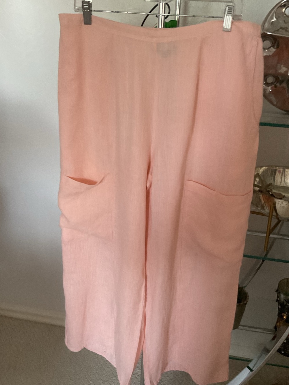 Flax Wide-Leg Linen Pants in Light Pink with Pockets elastic back waist.